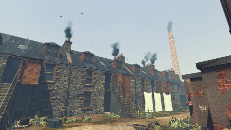 A screenshot of gameplay from Tipperary showing the back of some houses from the 1930s with smoke rising from chimneys