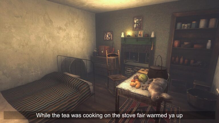 A screenshot of gameplay from Tipperary showing a the inside of a 1930s home with a bed, stove and table filled with cooking ingredients