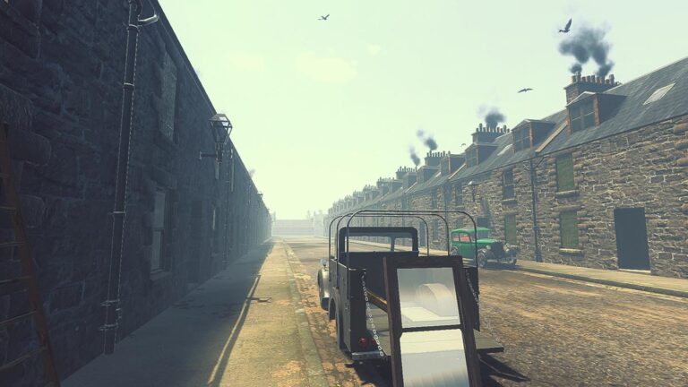 A screenshot of gameplay from Tipperary showing a truck with a house window sitting in its flat bed. The truck is in a cobbled street of terraced houses in the 1930s