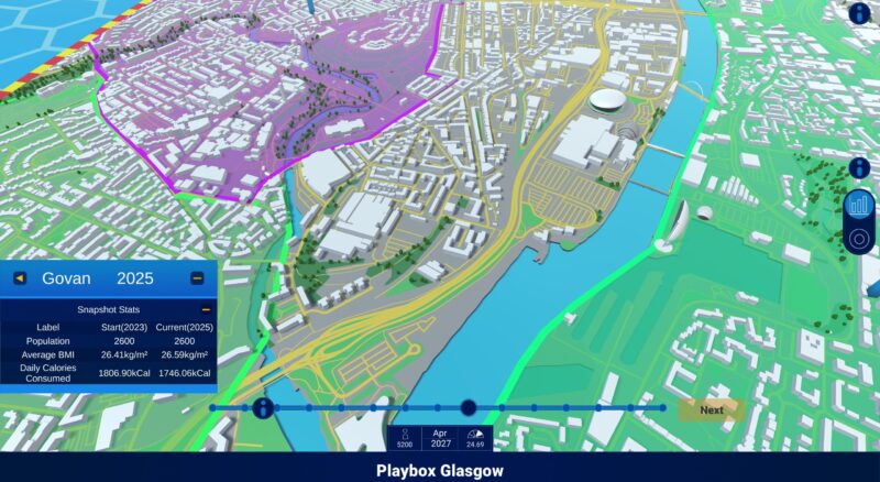 A screenshot of gameplay from Playbox Glasgow showing the district of Govan in Glasgow with some health stats of the area and other areas highlighted surrounding it