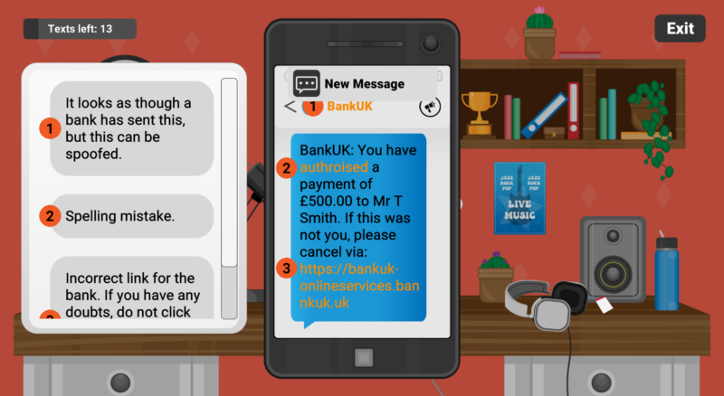 A screenshot of gameplay from Gone Smishing showing a text from Bank UK with mistakes highlighted to the player to explain why its a scam